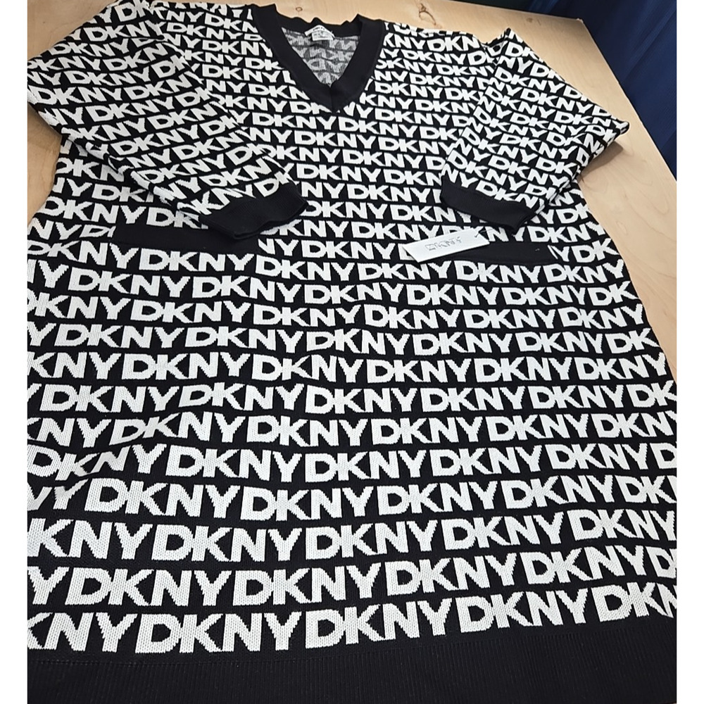 DKNY BLACK/IVORY V-NECK LOGO SWEATER MINI DRESS SIZE 2XL Pockets - Picture 2 of 11